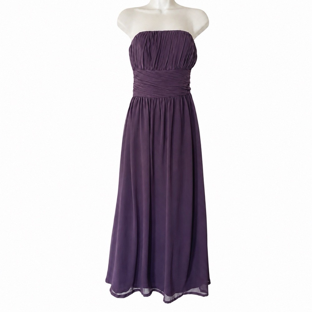Bill Levkoff Strapless Chiffon Bridesmaid Dress Purple Maxi Ruched Bodice XS